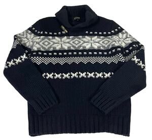 L’uomo Vintage Mens Sweater Nordic Fair Isle Shawl Collar Blue Wool Blend Sz S